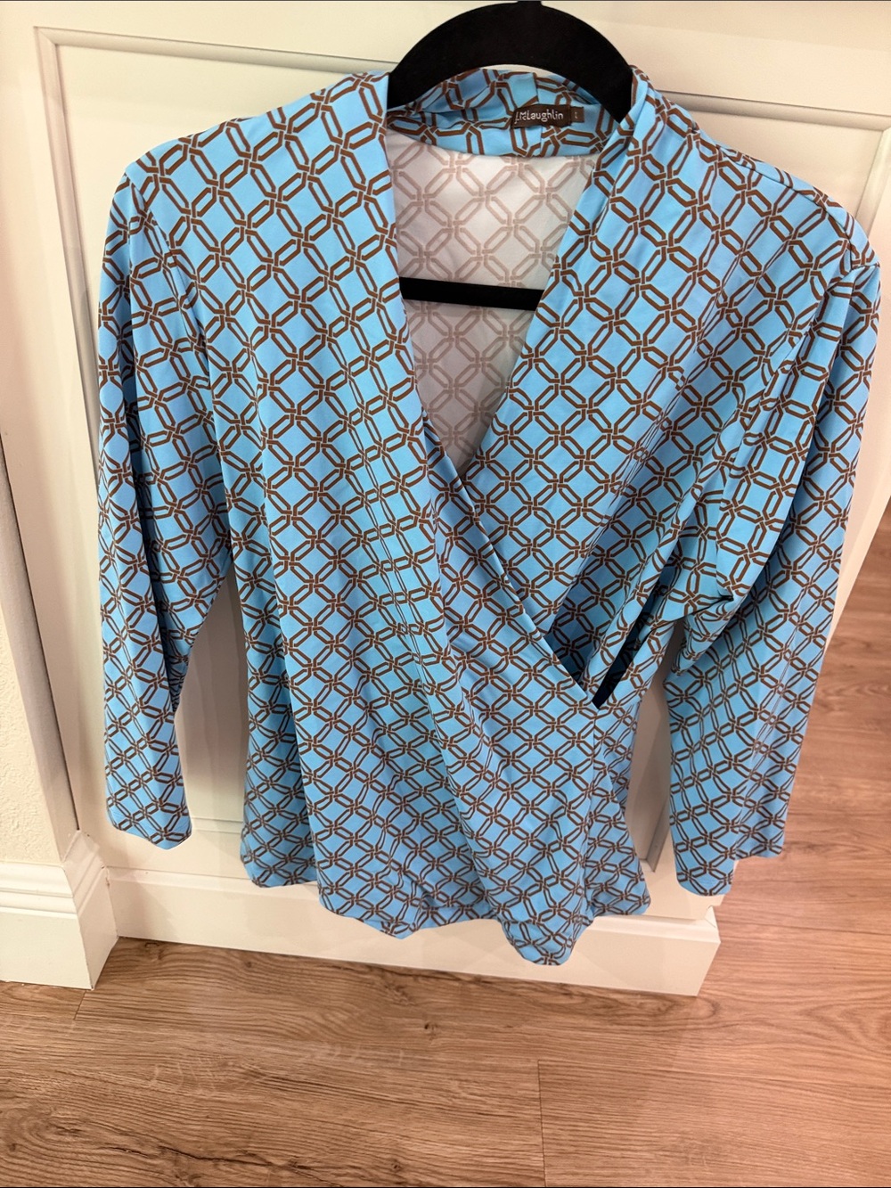 J. McLaughlin Light Blue Geometric Wrap Blouse